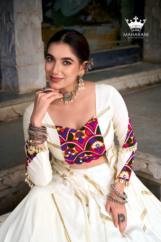 White Sequins With Mirror Work Lehenga