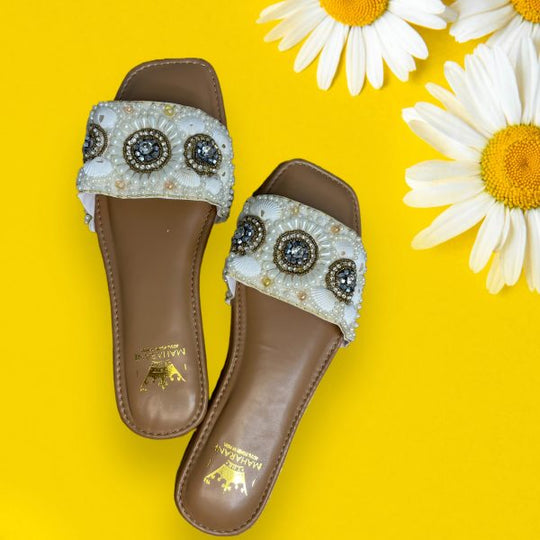 White Shell & Stone Embroidery Women’s Flats/Sliders