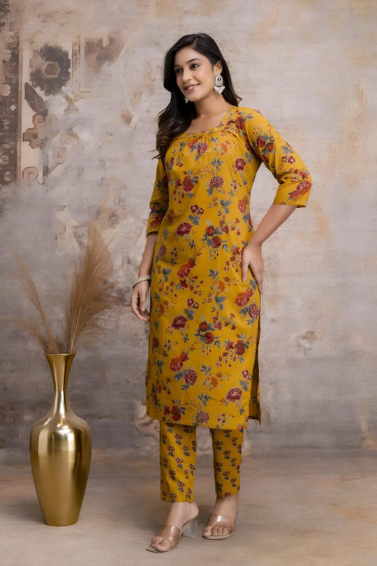 Yellow Multicoloured Floral Jaipuri Print Salwar Set