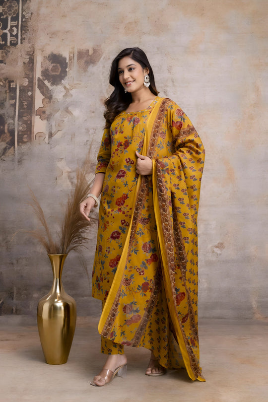 Yellow Multicoloured Floral Jaipuri Print Salwar Set