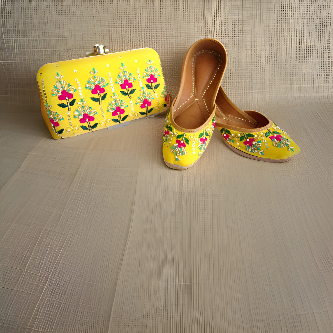 Yellow Floral Handcrafted Jutti & Clutch Combo Set