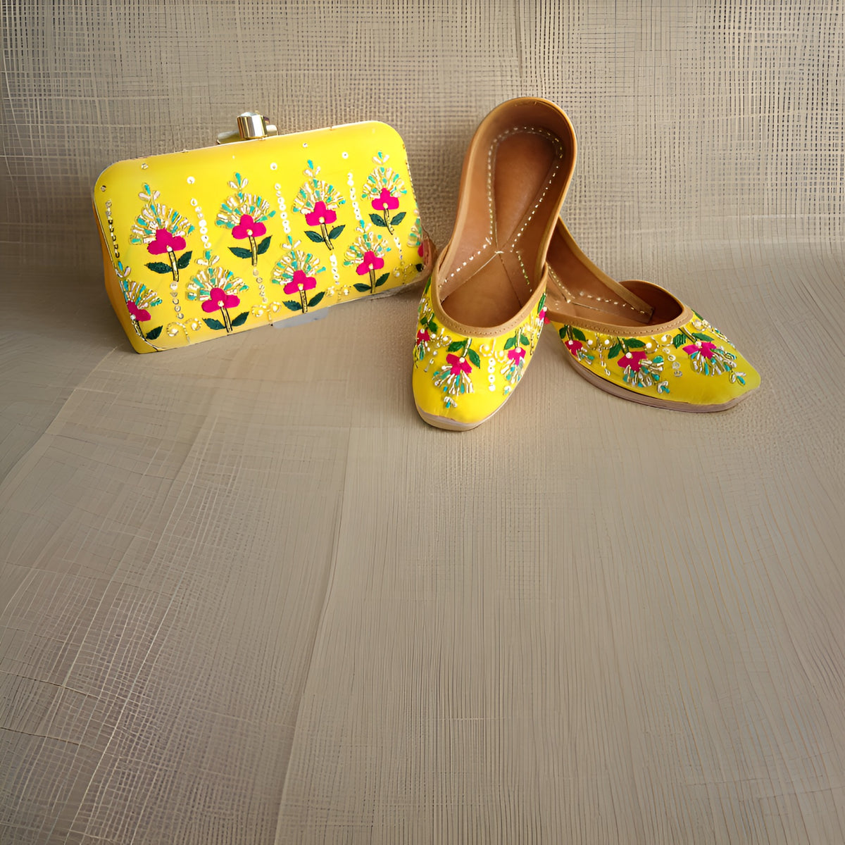 Yellow Floral Handcrafted Jutti & Clutch Combo Set