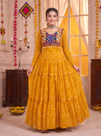 Mustard Yellow Georgette Gown with Multicolour Thread Embroidery Work
