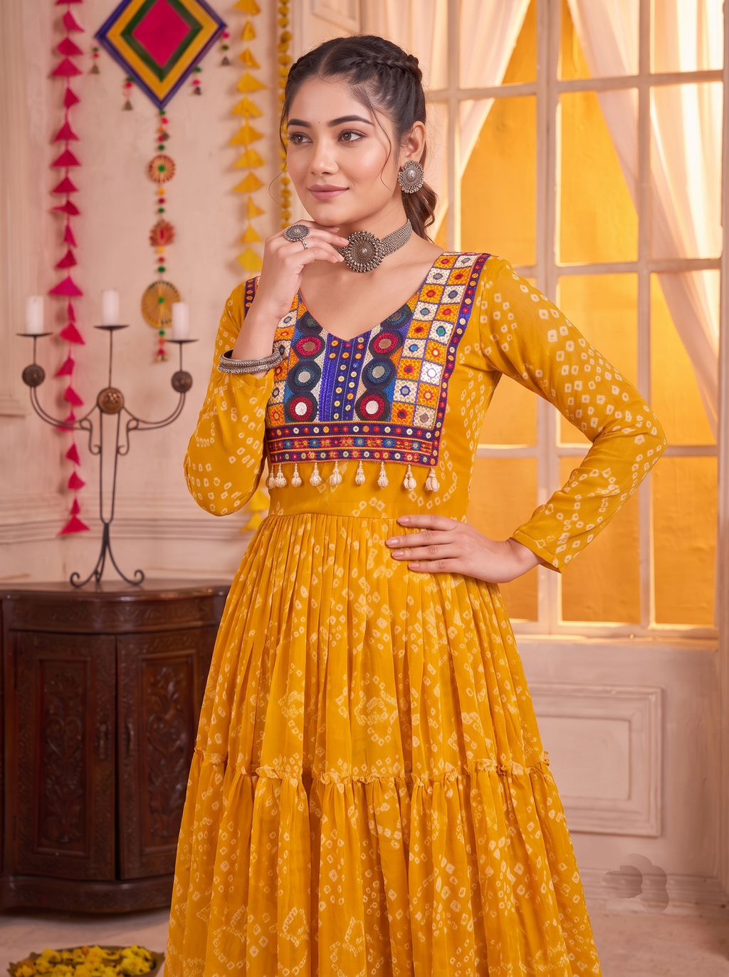 Mustard Yellow Georgette Gown with Multicolour Thread Embroidery Work