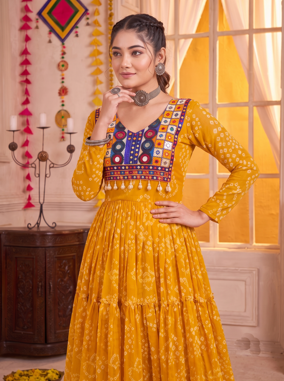Mustard Yellow Georgette Gown with Multicolour Thread Embroidery Work