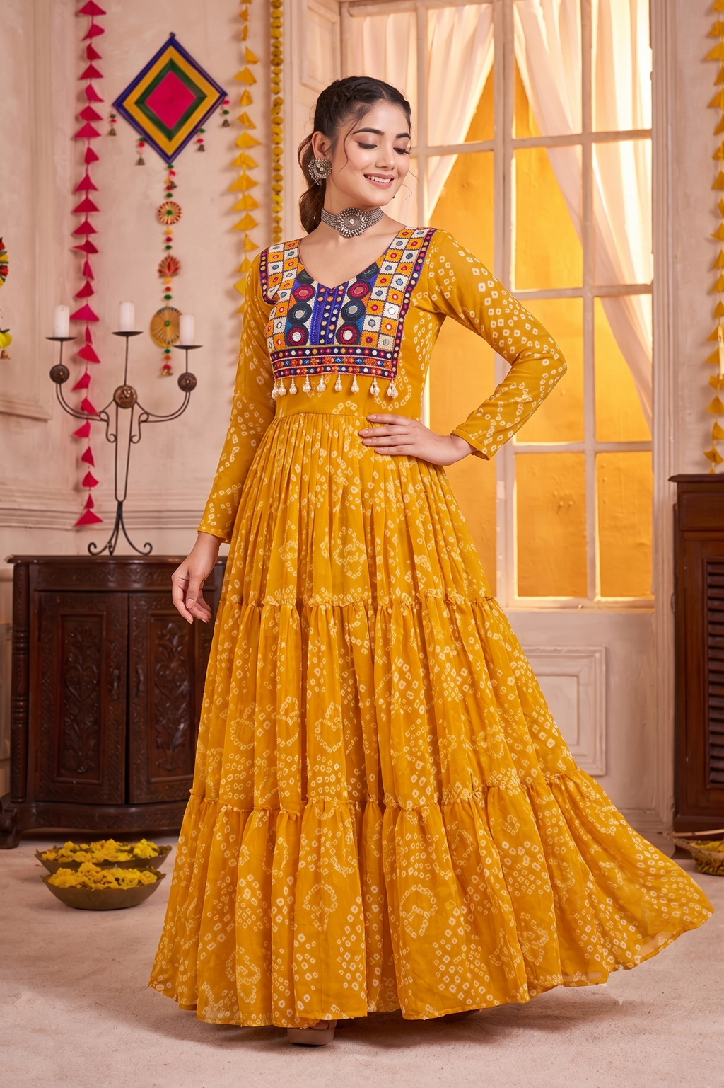 Mustard Yellow Georgette Gown with Multicolour Thread Embroidery Work