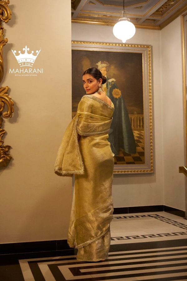 Gold Zari Weaving Work Tissue Shimmer Saree