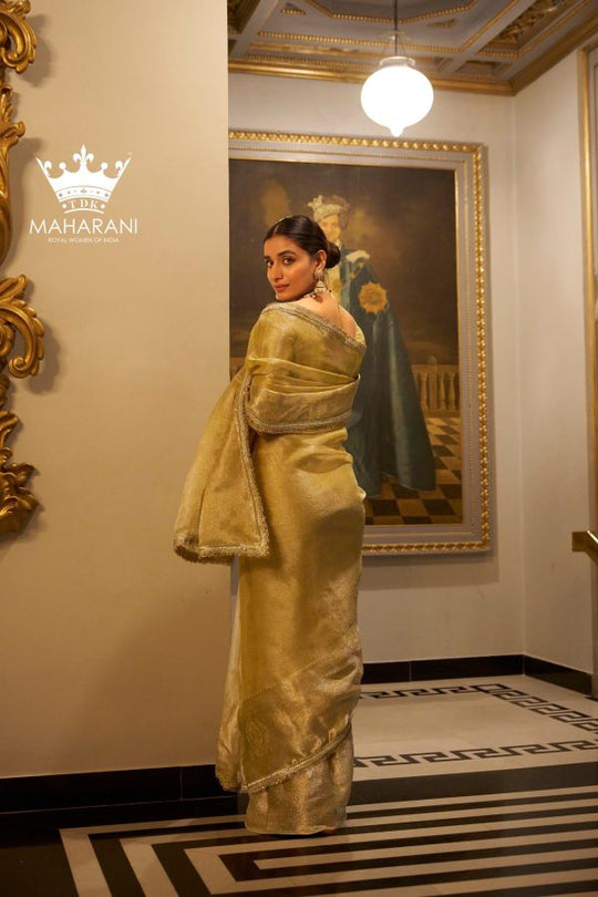 Gold Zari Weaving Work Tissue Shimmer Saree