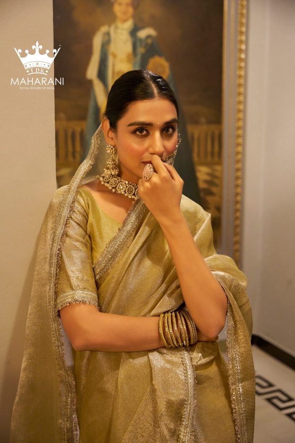 Gold Zari Weaving Work Tissue Shimmer Saree