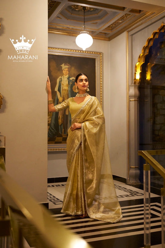 Gold Zari Weaving Work Tissue Shimmer Saree