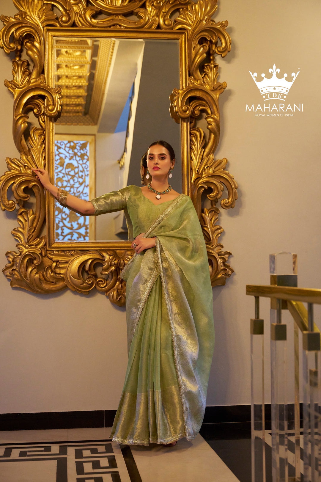 Mint Green Zari Weaving Work Tissue Shimmer Saree