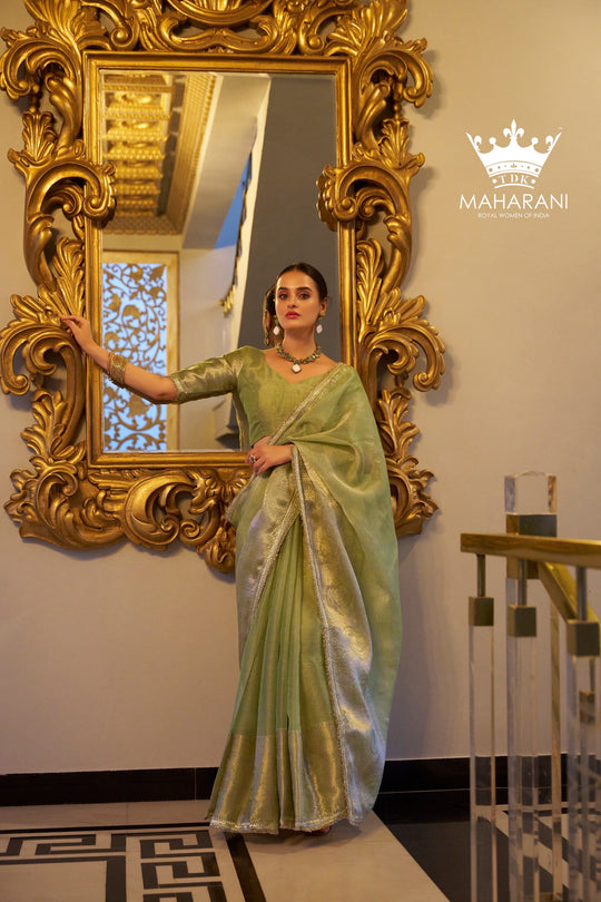 Mint Green Zari Weaving Work Tissue Shimmer Saree