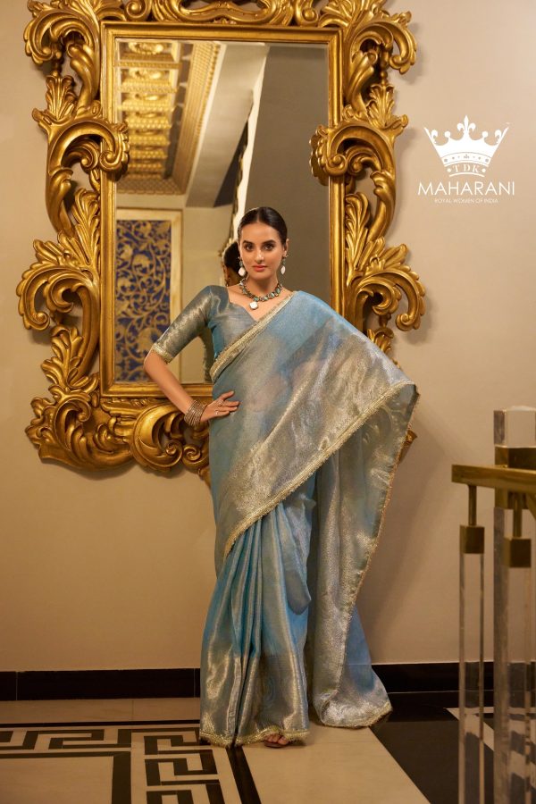 Light Blue Zari Weaving Work Tissue Shimmer Saree