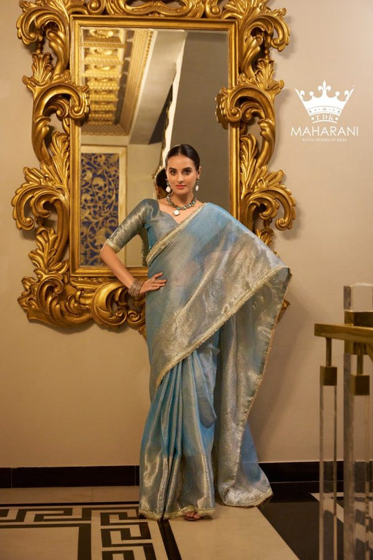 Light Blue Zari Weaving Work Tissue Shimmer Saree