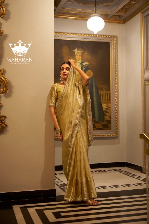 Gold Zari Weaving Work Tissue Shimmer Saree