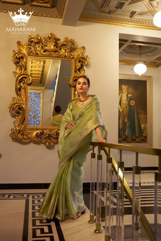 Mint Green Zari Weaving Work Tissue Shimmer Saree