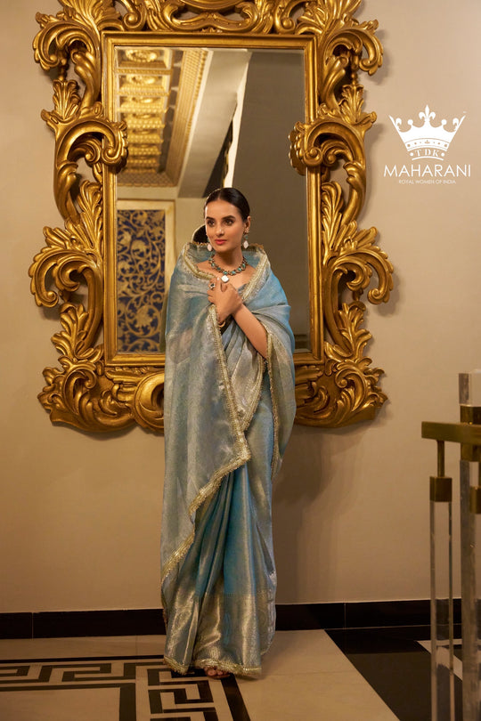 Light Blue Zari Weaving Work Tissue Shimmer Saree