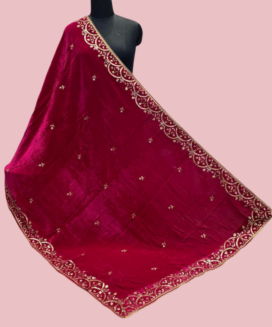 Rani Pink Embroidered Velvet Phulkari Dupatta