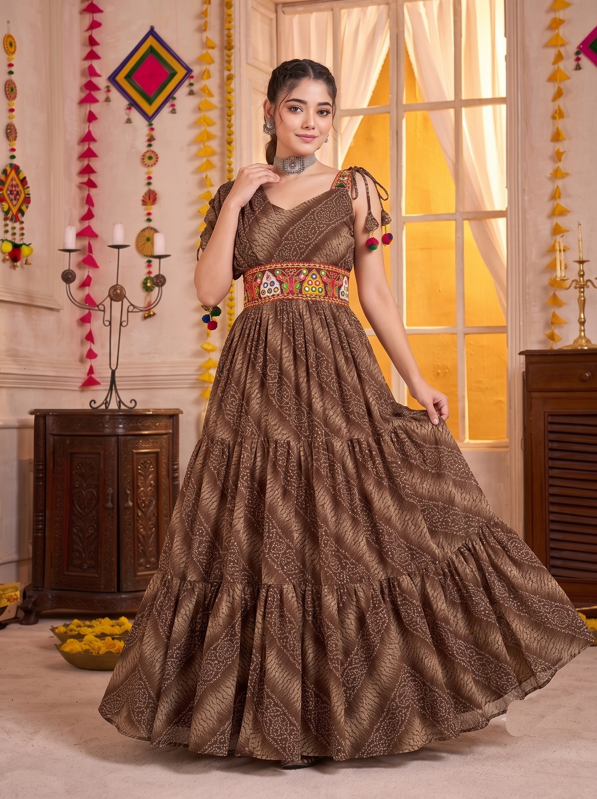 Brown Gown with Multicolour Embroidered Waist Belt & Bandhani Print