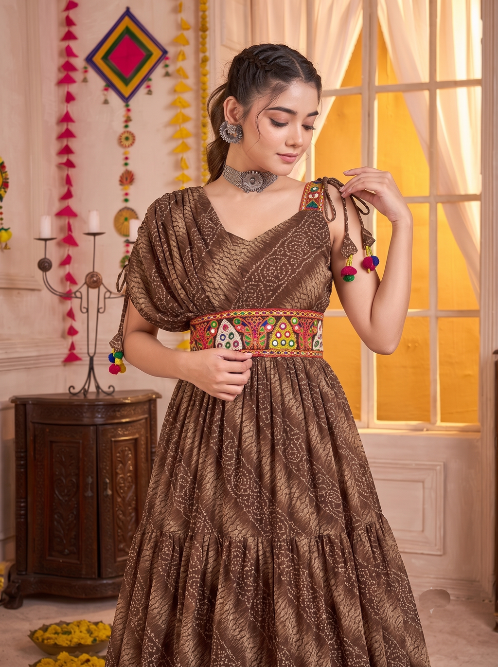 Brown Gown with Multicolour Embroidered Waist Belt & Bandhani Print