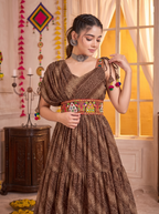 Brown Gown with Multicolour Embroidered Waist Belt & Bandhani Print