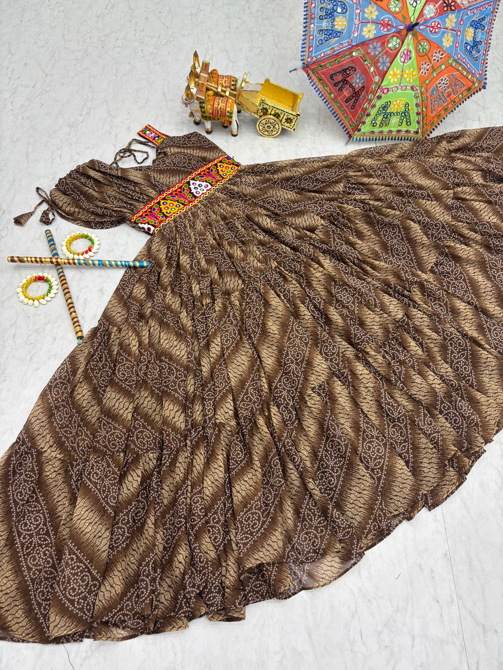 Brown Gown with Multicolour Embroidered Waist Belt & Bandhani Print