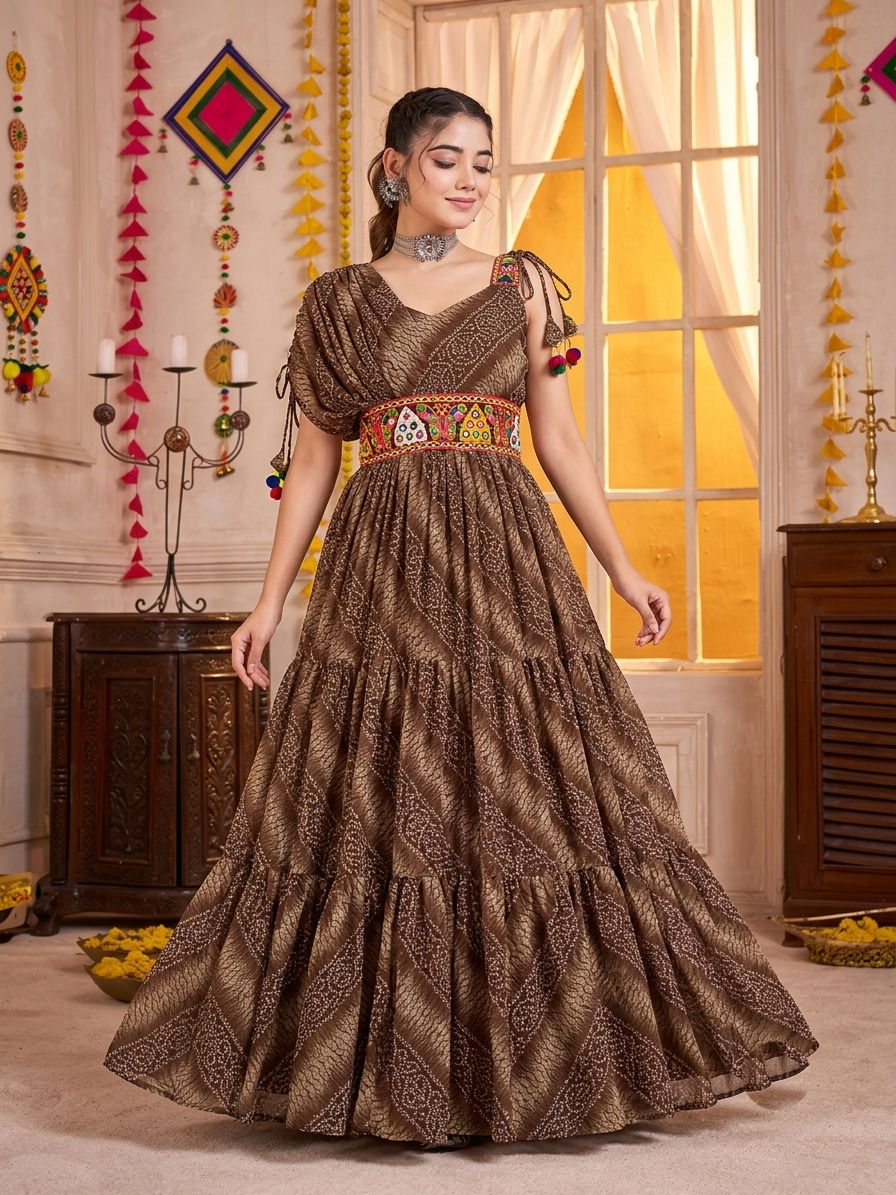 Brown Gown with Multicolour Embroidered Waist Belt & Bandhani Print