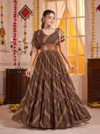 Brown Gown with Multicolour Embroidered Waist Belt & Bandhani Print