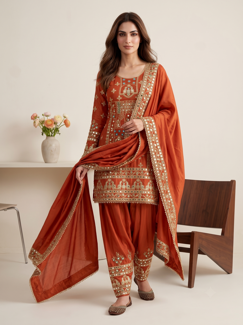 Orange Embellished Patiala Suit with Multi Embroidery