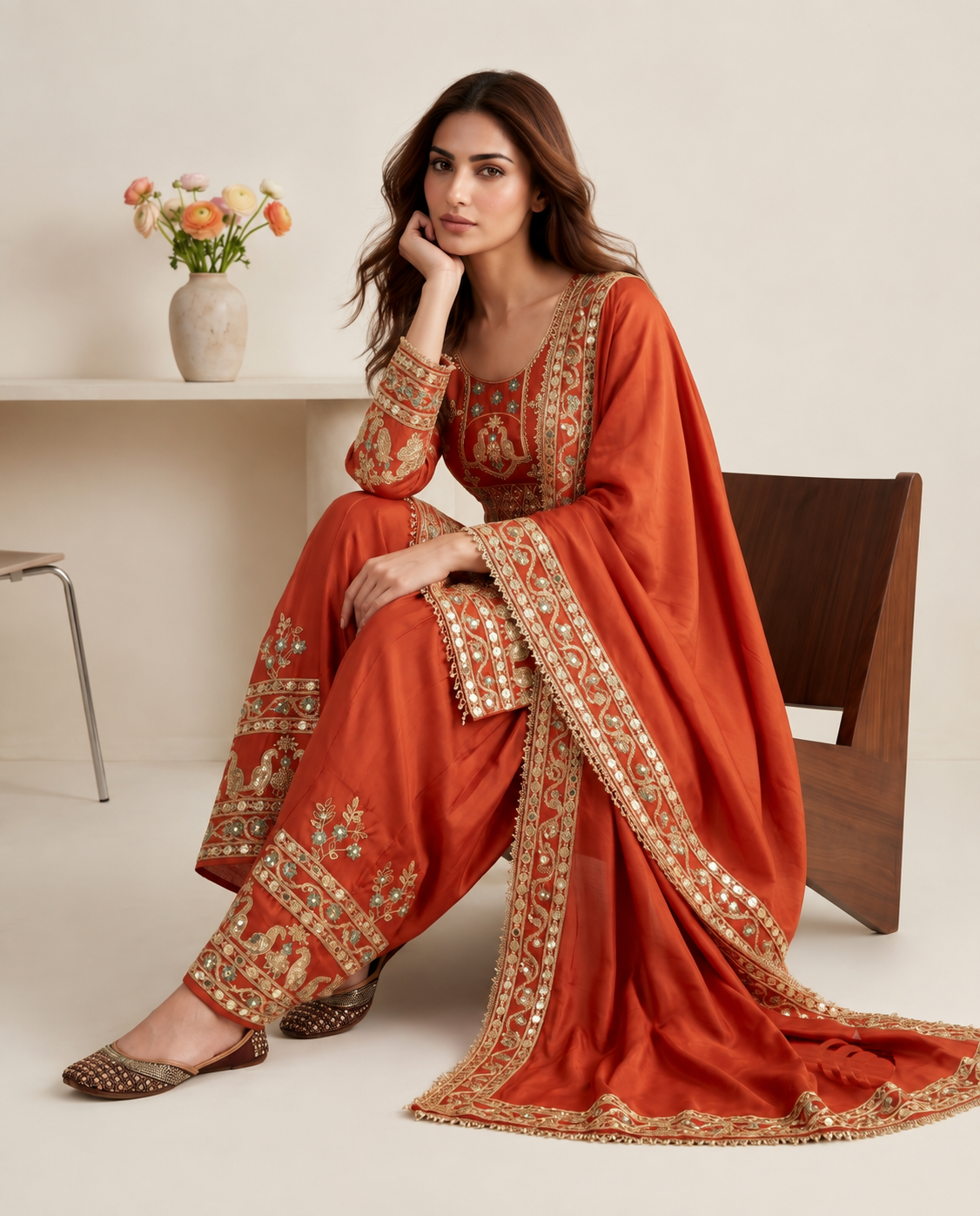 Orange Embellished Patiala Suit with Multi Embroidery