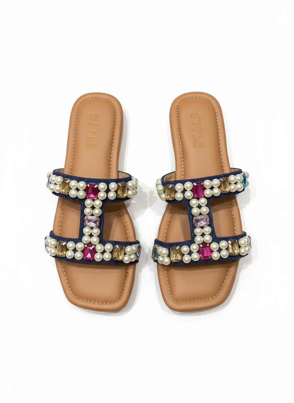 Multicoloured stonework hand embroidered sliders