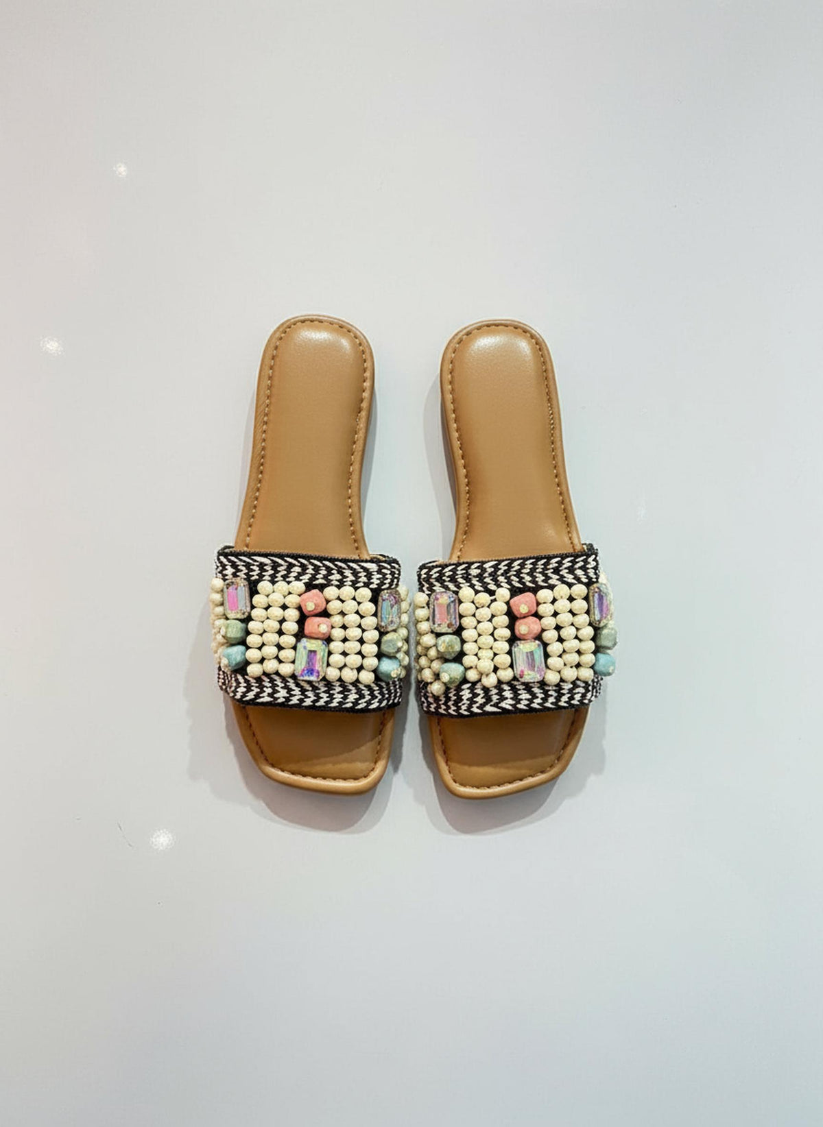 Multicoloured stonework & hand embroidered sliders