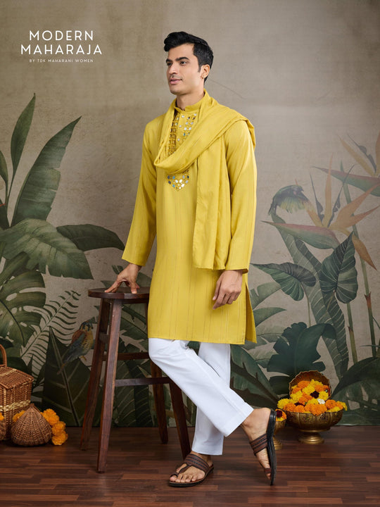 Yellow Zari & Real Mirror Work Kurta With Dupatta