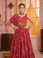 Pink Gown with Multicolour Embroidered Waist Belt & Bandhani Print