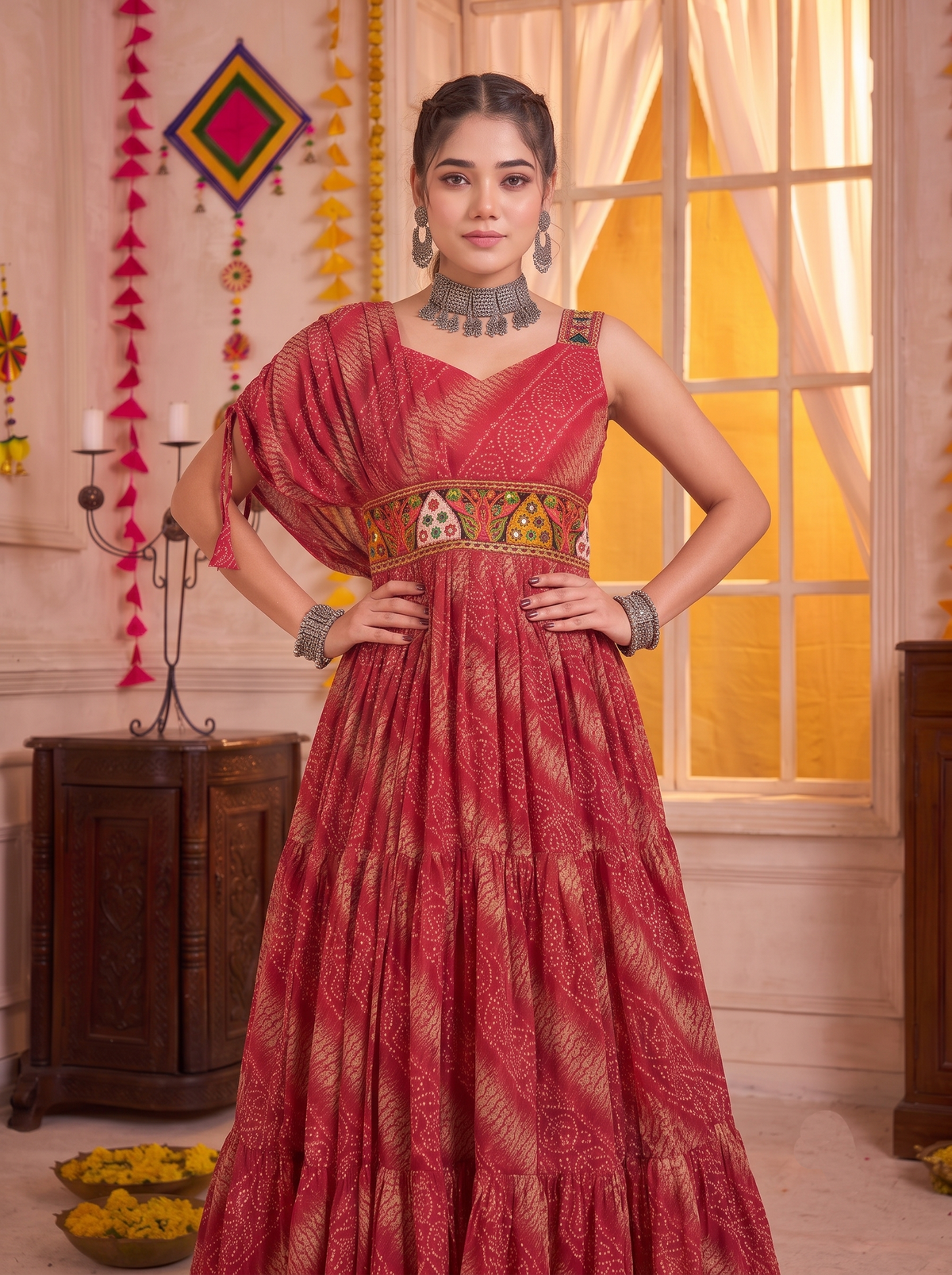 Pink Gown with Multicolour Embroidered Waist Belt & Bandhani Print