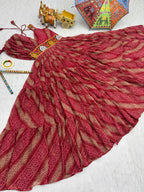 Pink Gown with Multicolour Embroidered Waist Belt & Bandhani Print