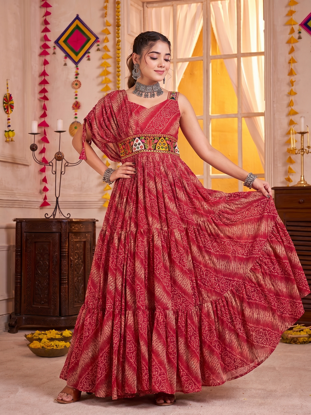 Pink Gown with Multicolour Embroidered Waist Belt & Bandhani Print