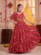 Pink Gown with Multicolour Embroidered Waist Belt & Bandhani Print