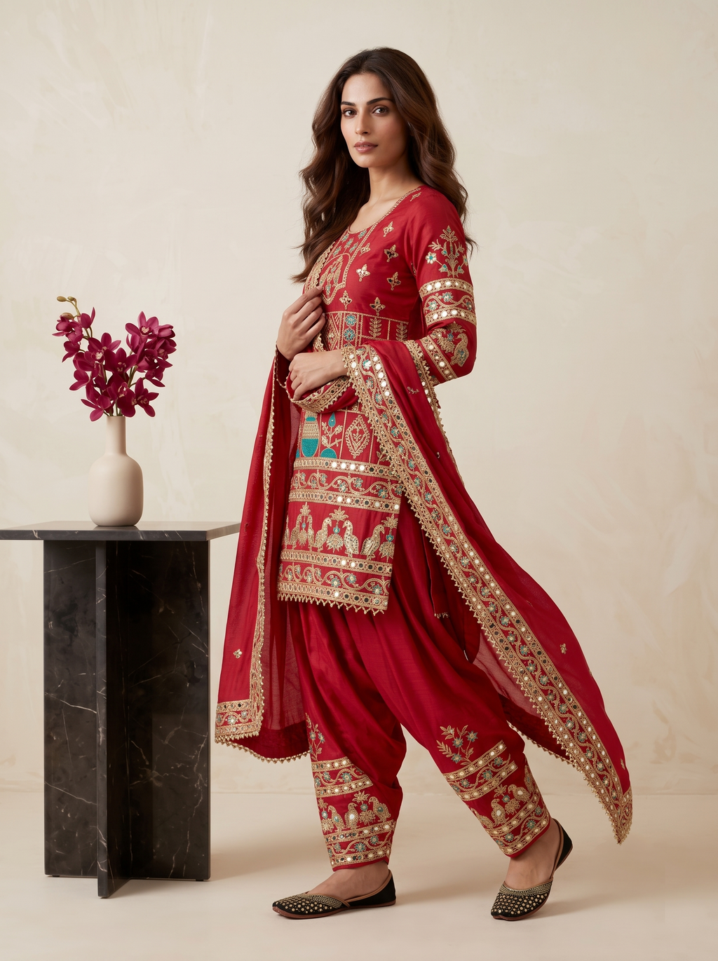 Red Embellished Patiala Suit with Multi Embroidery
