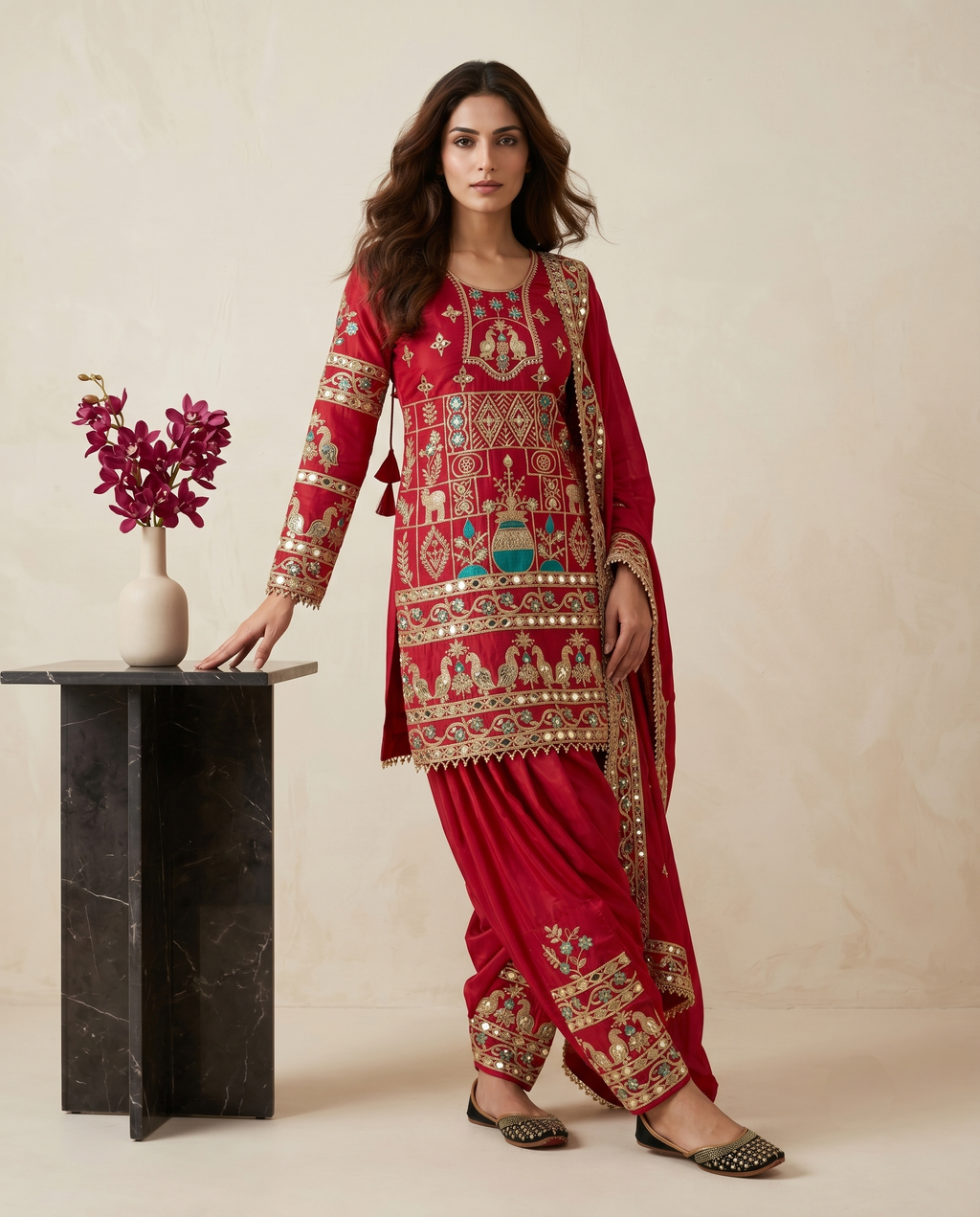Red Embellished Patiala Suit with Multi Embroidery