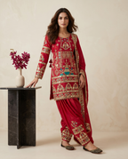 Red Embellished Patiala Suit with Multi Embroidery