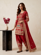 Red Embellished Patiala Suit with Multi Embroidery