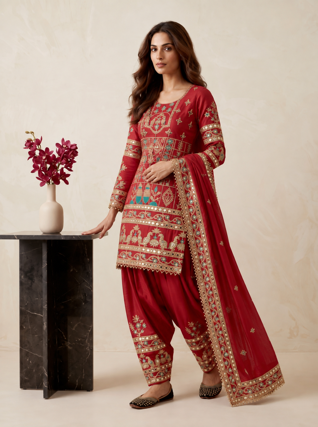 Red Embellished Patiala Suit with Multi Embroidery