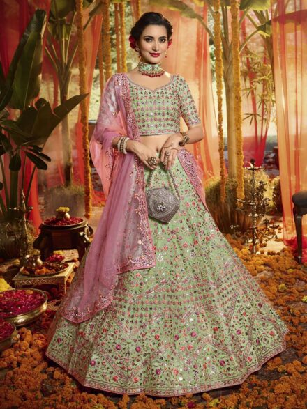 Buy Enticing Light Green Georgette Partywear Lehenga Choli | Inddus.in.