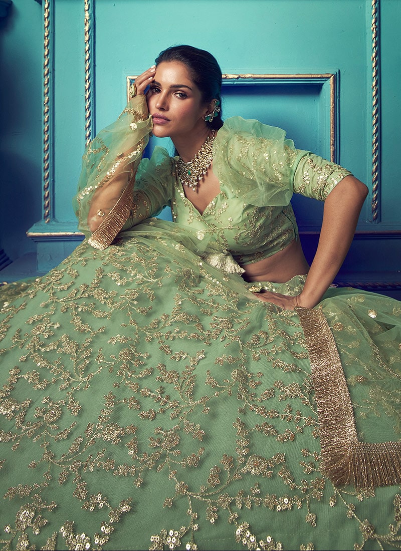 Sea Green Sequins Embroidered Netted Lehenga Choli