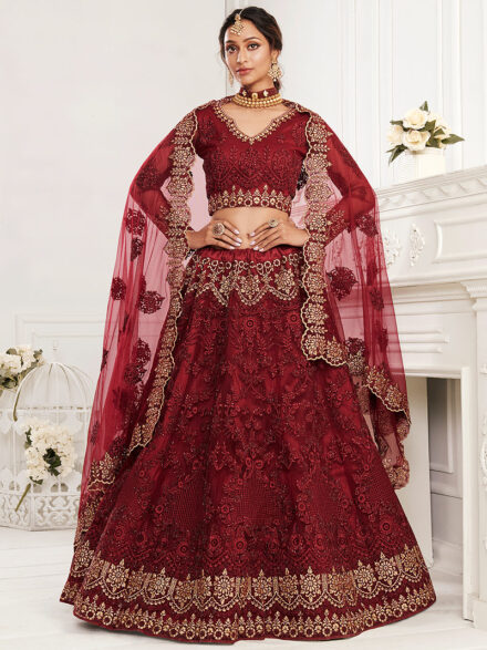 Engaging Maroon Color Velvet Fabric Heavy Look Embroidered Work Bridal  Lehenga Choli