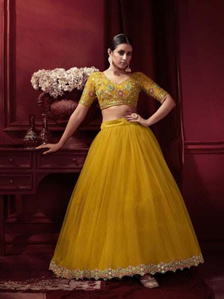 Yellow Colour Georgette Readymade Lehenga Set having Stone work in Blouse  with Plain Skirt and Shawl