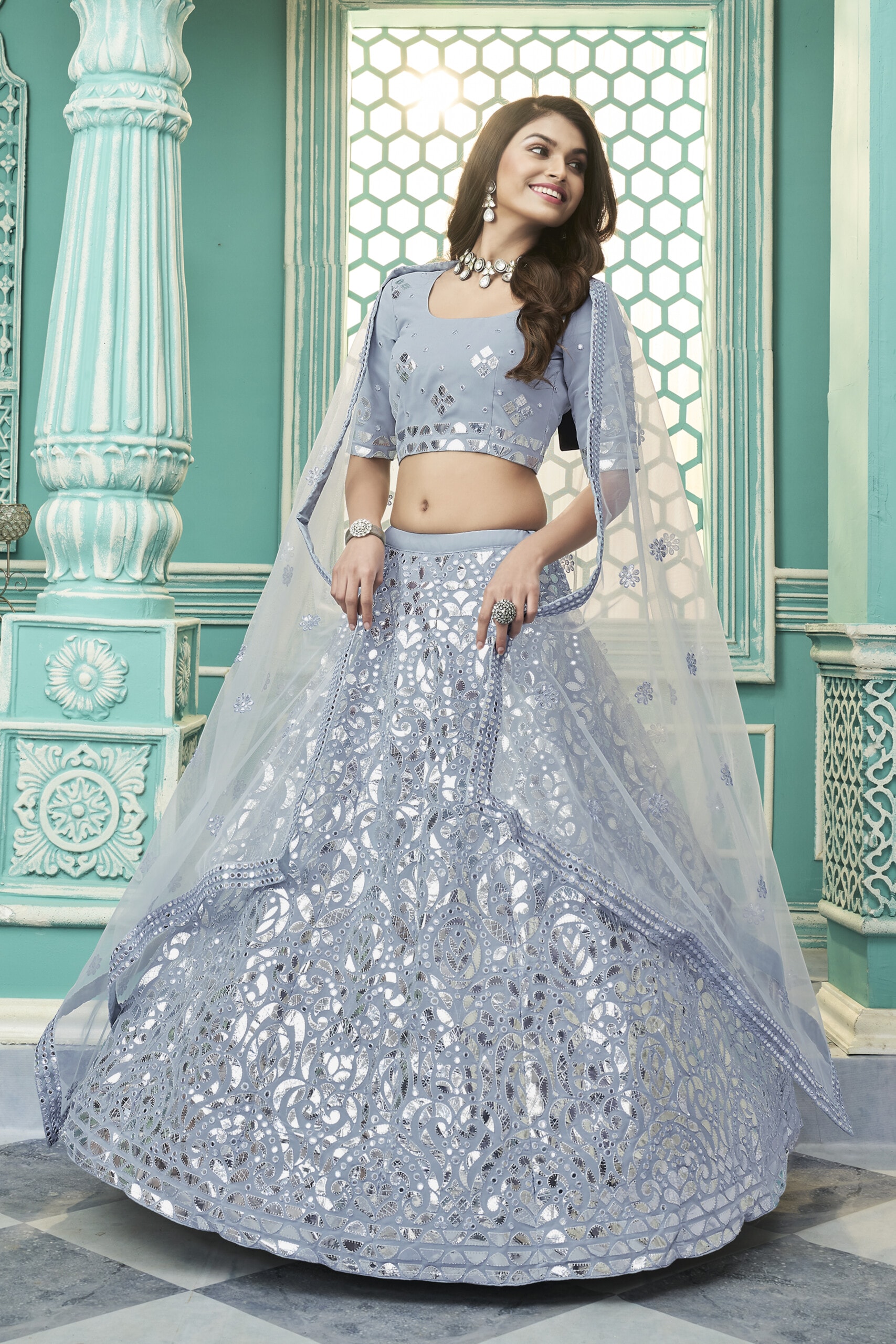 Grey Georgette Semi-Stitched Lehenga and Unstitched Blouse With Dupatta -  ShopGarb - 4083262