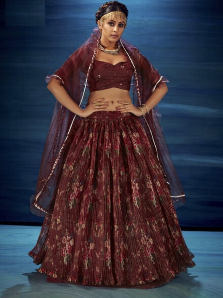 Buy Chocolate Brown Archetypal Lehenga In Velvet Raw Silk With Heavy  Embroidery And Trail - NOOR 2022