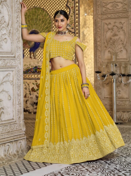 Lemon Yellow Bollywood Style Lahenga With Heavy Embroidery Work – Fabvilla